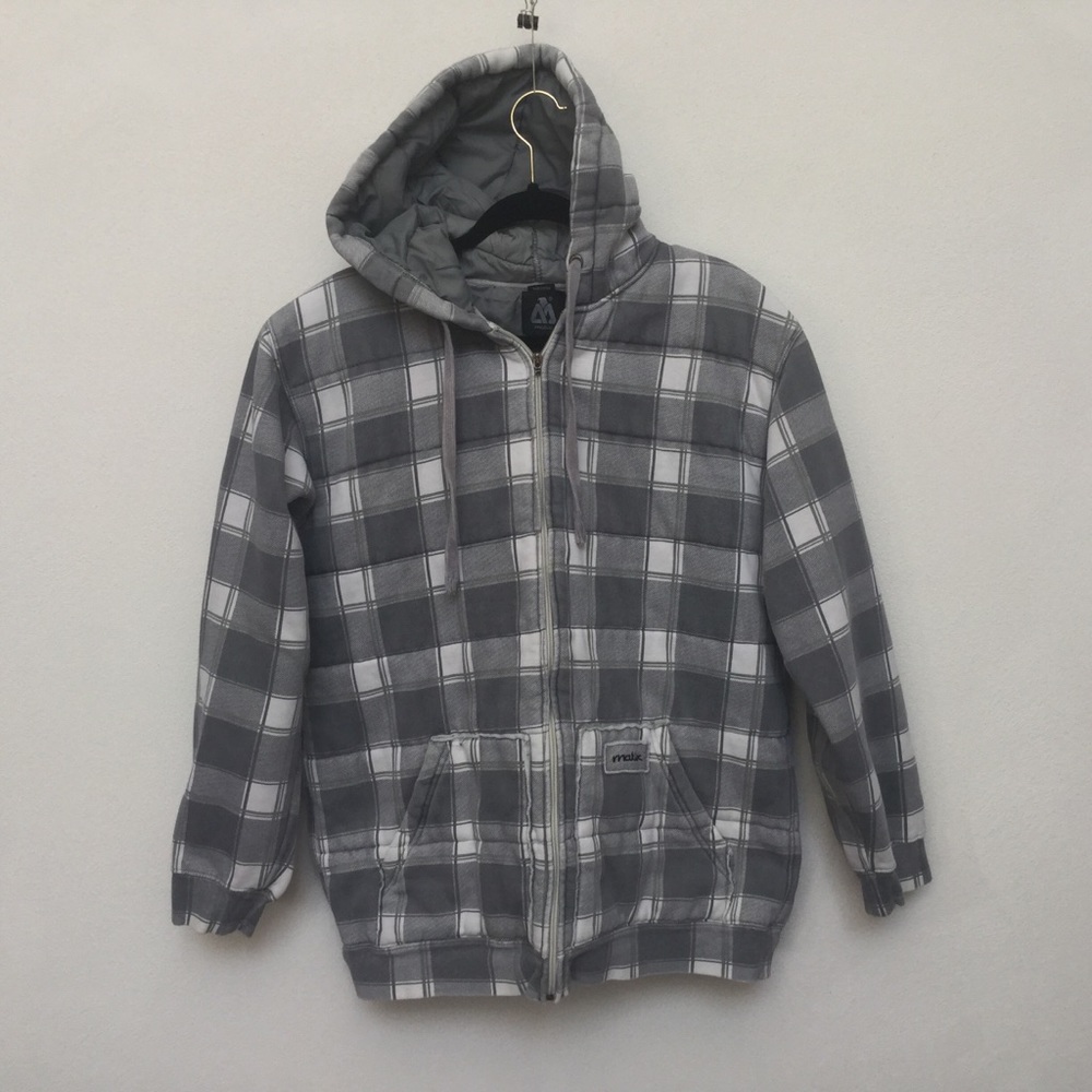Matix Grey, White Plaid Lined Zip Up Hooded Jacket Size Large Skate Street Style
